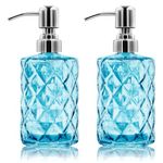 2 Pack 12 Oz Glass Soap Dispenser with Stainless Steel Pump, Refillable Liquid Hand Soap Dispenser for Bathroom, Vanity Countertop, Kitchen Sink, Laundry Room, Home Decor Accessories (Blue)