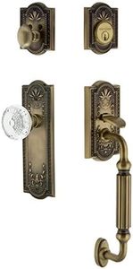 Nostalgic Warehouse 755792 Entry Set Meadows Plate F Grip Entry Set Crystal Meadows Knob, 2.375", Antique Brass