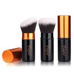 Retractable Kabuki Makeup Brushes 2 Pcs Foundation Blush Brushes Set Portable Powder Brushes with Flat and Angled Top for Liquid Cream Cosmetics Travel. (Orange black)