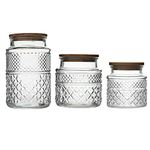 Livejun Glass Food Storage Jars Vintage Kitchen Containers Embossed Cereal Canisters Decorative Airtight Jars with Bamboo Lid for Tea,Nuts,Cookies,Coffee,Candy,Set of 3(60 OZ/40 OZ/20 OZ) (Round)