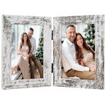 Frametory, 4x6 Double Picture Frame Hinged 2 Photos Frame Collage, Desk Picture Frame with Glass, Side by Side Frame Vertical (Distressed White, 1 Pack)