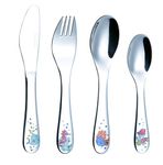 Exzact Childrens Cutlery 4pcs Set Stainless Steel/Kids Cutlery/Toddler Utensils/Flatware - 1 x Fork, 1 x Safe Dinner Knife, 1 x Dinner Spoon, 1 x Dessert Spoon with Illustrations