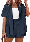 IN'VOLAND Womens Plus Size 2 Piece Outfits Short Sleeve Button-Down Shirts and Shorts Set Summer Beach Set Casual Tracksuits Loungewear Navy Blue,18W