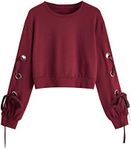 SweatyRocks Women's Casual Lace Up Long Sleeve Pullover Crop Top Sweatshirts Solid Burgundy X-Small