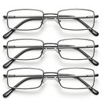 OKH 3 Pack Blue Light Blocking Square Rectangle Metal Reading Glasses for Men Anti Eye Strain/Headache Spring Hinge Clear Reading Eyelasses Reader(3Pack Gun Metal +2.5)