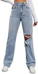 SweatyRocks Women's High Waist Slant Pocket Denim Jeans Ripped Straight Leg Pants Blue Pale S