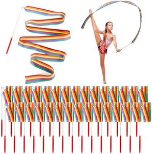 Jucoan 30 Pack Dance Ribbons Party Favor for Kids, 6.6 Ft Rhythmic Gymnastics Dancing Wands, Rainbow Party Favor, Girl Birthday Party Supplies, Gymnastics Goodie Bag Stuffers