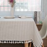 meioro Table Cloth Striped Tablecloth Tassels Cotton Linen Dust-Proof Table Cover for Dining Coffee Buffet Kitchen Picnic Tables (Beige, 55 x 118 Inch / 140 x 300 CM)