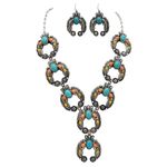 Rosemarie & Jubalee Women's Cowgirl Chic Western Style Colorful Howlite Stone Squash Blossoms Y-Drop Necklace Earrings Set, 24"+3" Extension, Metal Stone, Dyed Howlite