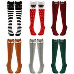 PHOGARY Girls Cute Animal Socks, 6 Pairs Knee High Socks Long Warm Cotton Socks, Over Calf Knee Cartoon Socks For 3-12 Years Girls, Cat Bear Fox Pattern