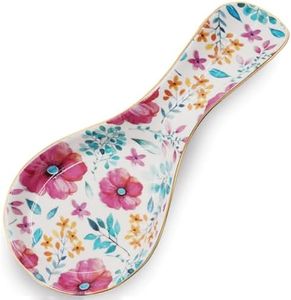 LEAZUL Ceramic Spoon Rest for Stove Top Kitchen Counter Large Spoon Holder Farmhouse Floral Flowers Print Coffee Spoon Cooking Utensil Tools Rest Modern Kitchen Decor (Purple Red)