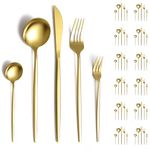 Evanda Gold Cutlery Set 60 Piece Service for 12, Titanium Gold Plated Stainless Steel Flatware Set, Knives Forks Spoons Cutlery Set for Wedding, Parties, Birthday, Restauroom, Dishwasher Safe