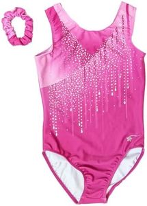 Destira Decadence Gymnastics Leotard For Girls, Raspberry Pink Tank With Dazzling Crystals And Matching Scrunchie, Child Small (6)
