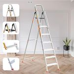 Prime Safe-T 7Step (6+1) Foldable Aluminium Ladder for Home and Office Use with Hand-Rails | Anti-Skid PVC Shoes | Garment Guards | Heavyduty Antiskid Platform