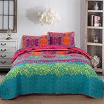 WONGS BEDDING Reversible Flower Bohemian Bedspread with 2 Pillowcases Colorful Floral Boho Pattern Bedspread Coverlet for All Season Soft Microfiber Quilt King Size 240x260cm