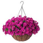 Ammyoo Artificial Hanging Flower Plants with Basket for Spring Summer Outdoor Decoration, Faux Petunias Flowers Fake Morning Glory Planter for Outside Patio Garden Porch Balcony Yard Decor(Fuchsia)
