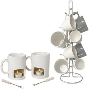 Evelots Fondue & Coffee Mug Gift Set - 2-Pack Mini Fondue Mugs + Chrome 8-Mug Holder Tree - Great for Chocolate, Cheese, Coffee & Tea Lovers