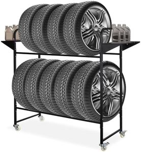 Neorexon Tire Storage Rack 57" x 55.1" x 20", Rolling Tire Rack Adjustable, Tire Rack for Garage Black w/4 Swivel Casters & 2 Storage Shelf for Garage Storage