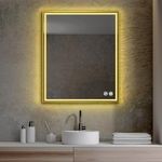 VENETIAN IMAGE Rectangle Metal Frame Lighted LED Mirror with Defogger, Dimmer & Adjustable 3 Color Temperature (Brush Gold, 36" x 30" Inch)