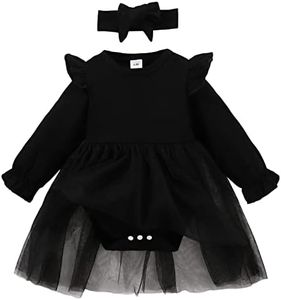 SOBOWO Infants Black Dress Baby Girl Clothes Ruffle Long Sleeve Romper Dress Newborn Onsie Headband Outfit Jumpsuit Tutu Skirt Set(0-3 Months, Black L)