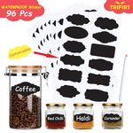 Trifirt Chalkboard Labels 96pcs Waterproof Reusable Chalkboard Stickers for Mason Jars, Pantry Containers, Glass Bottles, Storage Bins Stickers with 1 White Pencil (12 Designs, 96Pcs)