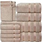 Casabella Luxury 10 Piece Towels for Bathroom - Bath Towel Set 100% Cotton-2 Bath Towels, 2 Hand Towels, 4 Face cloth & 2 Body Wash Gloves Quick Dry Hotel Quality Bathroom Towels Bale Set Beige