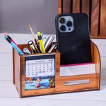 Deskart Desk Organizer With Calender, Business Visiting Card And Mobile Holder | Multipurpose Wooden Pen And Pencil Holder Stand For Office And Study Table, Desk Supplies Organisers Brown