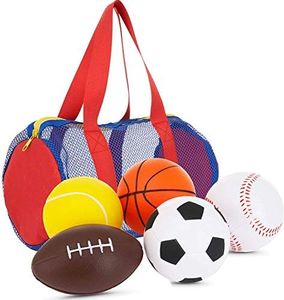Neliblu Foam Sports Toys + Free Bag, Set of 5 – with Soccer Ball, Basketball, Football, Baseball and Tennis Ball - Perfect for Small Hands to Grab for Baby Kids, Toddlers 1-3