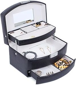 Internet's Best Faux Leather 3-Tier Jewelry Case - Slide Open Jewelry Box - Multi Compartment for Rings, Earings, Necklaces & Bracelets - Interior Mirror - Black