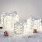 Elegear Christmas Decoration Gift Boxes, Set of 3 Christmas Lighted Gift Boxes with 140 Lights, 8 Modes&Timer Present Boxes Plug in, Sliver Wire Decorative Boxes for Indoor Outdoor Xmas Decor