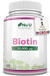 Biotin 10,000mcg - 365 Vegan Micro Tablets - 1 Year Supply - Hair, Skin & Nails Growth Supplement for Women & Men - Made in The UK - Nu U Nutrition