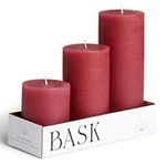 BASK Mottled Pillar Candles - Unscented Burgundy Pillar Candles Set of 3 - Dripless Large Candles Pillar - Smokeless Burgundy Pillar Candles for All Occasions