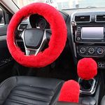 Silence Shopping Fluffy Steering Wheel Cover, Fuzzy Steering Wheel Cover for Women, Furry Steering Wheel Covers with Handbrake Cover Gear Shift Cover, 1 Set 3 Pcs, 14.96Inch (Red)