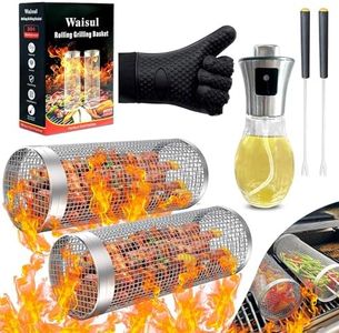 Round BBQ Grill Basket 2pcs Set with BBQ Glove, 2x Forks & Oil Sprayer | Stainless Steel Grilling Baskets for Vegetables, Meat | Tight Mesh Grill Basket Cylinder Net| Portable Grill Rolling Baskets