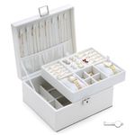 Jewelry Boxes for Women with Lock,Big Locking Jewelry Case Boxes & Organizers ,Cute Jewlery Box，Jewelry Organizer with Removable Jewelry Tray for Rings Earrings Necklaces Bracelets Watches （White）