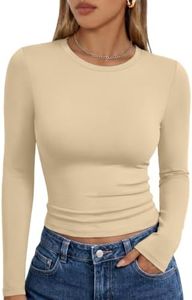 Trendy Queen Womens Long Sleeve Shirts Basic Crop Tops Tight Slim Fit Cute Teen Girls Fall Winter Y2k Clothes Khaki M