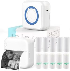 HUIJUTCHEN Mini Sticker Printer - Mini Pocket Printers for iPhone Thermal Printer with 10 Rolls Thermal Paper for Journal, Memo, Photo (White with Blue)