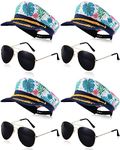 Mepase 4 Pieces Captain Hats Adjustable Floral Sailor Costume Cap and 4 Pairs Sunglasses Classic Metal Shades for Women Men Yacht Party Cosplay Costume