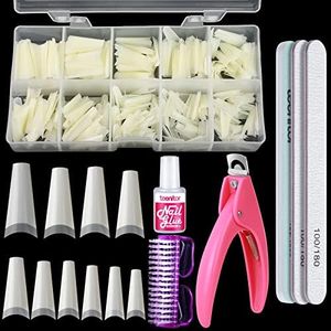 Natural False Nails Tips and Nail Glue Set, Teenitor 500pcs Half Cover Acrylic Coffin Fake Nails Half Cover French Fakes Nail Tips with Acrylic Nail Clipper, Nail Brush, Nail File & Buffer for Salon