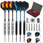 flintronic 6 Pack Steel Darts Set, Professional 23g Darts Tip with Non-Slip Stainless Steel Shaft, 4 Style Poly Flights, PVC Shafts, Dart Sharpener, Rubber Rings, Flight Protecter