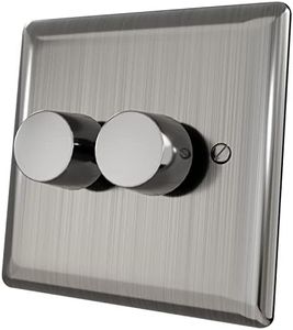 iolloi LED Dimmer Switch 2 Gang 2 Way, Push on/off Rotary Trailing Edge Dimmer Switch for Dimmable LED Incandescent Halogen Bulbs, Brushed Steel, 3-100W (1-10 LEDs) Wall Outlet