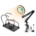 Helping Hands Soldering with Magnifying Desk Lamp, PCB Circuit Board Holder, 3 Color Modes, 5-Diopter Real Glass Lens, Adjustable Swivel Arm & Heavy Duty Base Plate for Soldering