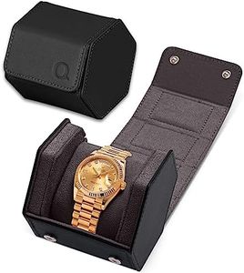 QWATCHBANDS Single Leather Watch Case for Men - Hexagon Watch Roll Travel Case - Genuine Napa Leather with Luxury Velvet Interior - Storage & Display Holder for 1 Watch (Black/Charcoal)