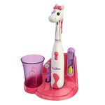 Brusheez® Kid's Electric Toothbrush Set - Soft Bristles, Easy-Press Power Button, Battery Operated, 2 Brush Heads, Animal Cover, Sand Timer, Rinse Cup and Storage Base - Ages 3+ (Sparkle the Unicorn)