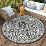 Outdoor Rug Waterproof 8FT Boho Outdoor Carpet Round Portable RV Camping Rug Mat-Reversible Non Fading Outdoor Area Rug for Deck Picnic Balcony Backyard Porch Beach Outdoor Patio Decor Grey & White