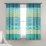 Lush Decor Bohemian Stripe Window Curtain Panels, Pair, 52" W x 63" L, Blue & Green - Colorful Short Curtains - Maximalist & Boho Decor - Boho Curtains for Bedroom, Living Room & Dining Room