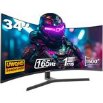 34 Inch Curved Gaming Monitor, Ultrawide 1500R PC Screen, 165Hz / 144Hz Computer Monitor Height Adjustable with FreeSync, Support HDMI 2.0, DP 1.4, Wallmount 75x75mm