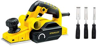 STANLEY 750W 2mm Planer (Yellow and Black) with 2 TCT blades & 550W DIY 10mm Single Speed Hammer Drill Tool Kit (120-Pieces) & Wood Chisel Set 3Pcs