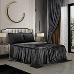 AiMay 4 Piece Twin Size Bed Sheet Pillowcases Set Deep Pocket Luxury Rich Silk Satin Silky Super Soft Solid Color Reversible Stain-resistant Wrinkle Free (TWIN, BLACK)