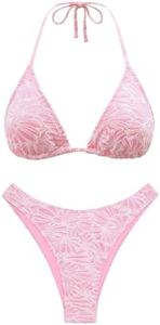 seamoly Swimsuits for Women Halter Bikini Sets String 2 Piece Triangle Tie Side Floral Bathing Suit Pink Floral Texture XS